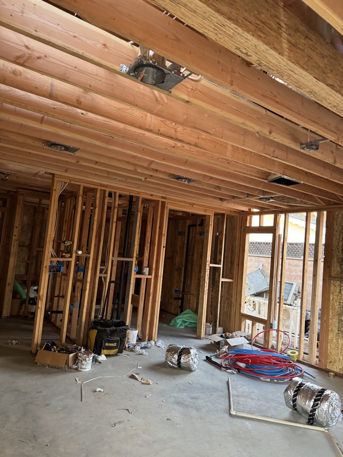 Interior wall and ceiling framing during a structural remodel